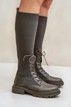 Damskie Boto Wsuwane Kozaki Ze Skarpetkową Cholewką Ciemnozielone Iranel