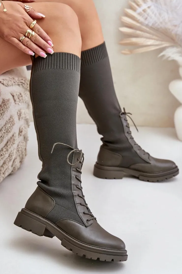 Damskie Boto Wsuwane Kozaki Ze Skarpetkową Cholewką Ciemnozielone Iranel