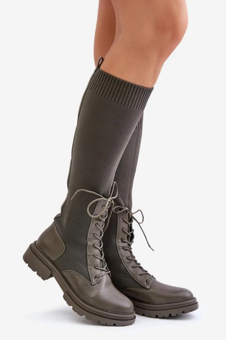 Damskie Boto Wsuwane Kozaki Ze Skarpetkową Cholewką Ciemnozielone Iranel