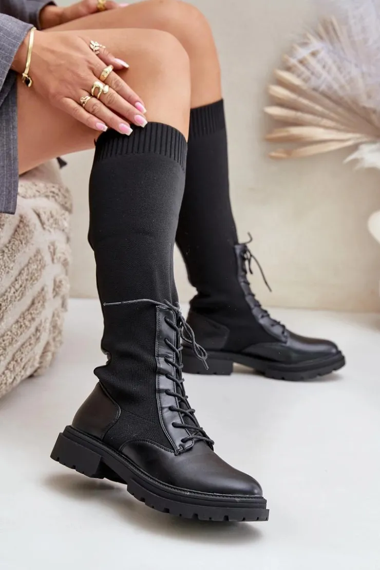 Boto Kozaki Ocieplane|Kozaki Wiosenne*Wsuwane Kozaki Ze Skarpetkową Cholewką Czarne Iranel Czarny