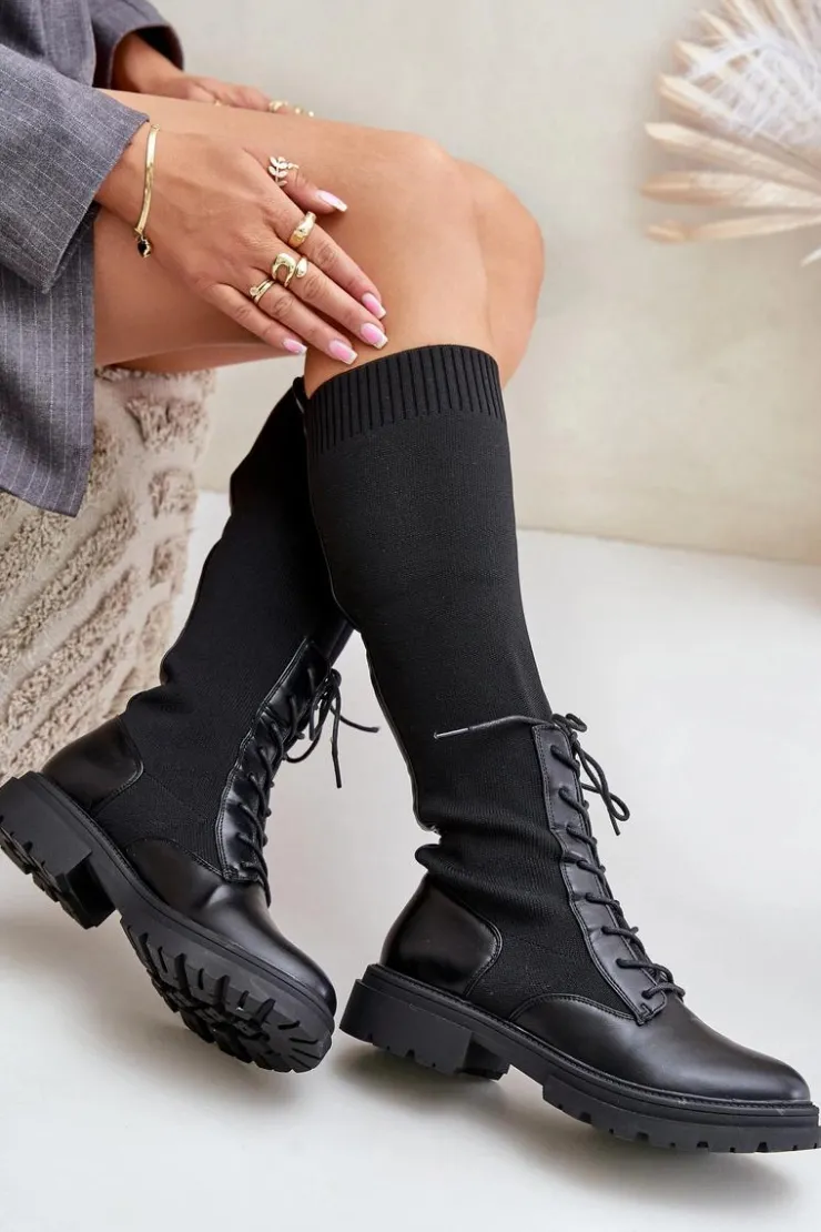 Boto Kozaki Ocieplane|Kozaki Wiosenne*Wsuwane Kozaki Ze Skarpetkową Cholewką Czarne Iranel Czarny