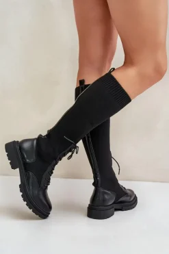 Boto Kozaki Ocieplane|Kozaki Wiosenne*Wsuwane Kozaki Ze Skarpetkową Cholewką Czarne Iranel Czarny