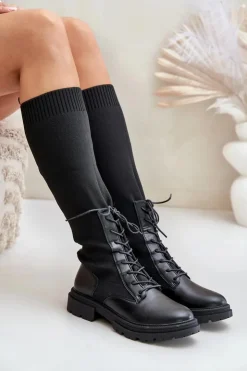 Boto Kozaki Ocieplane|Kozaki Wiosenne*Wsuwane Kozaki Ze Skarpetkową Cholewką Czarne Iranel Czarny