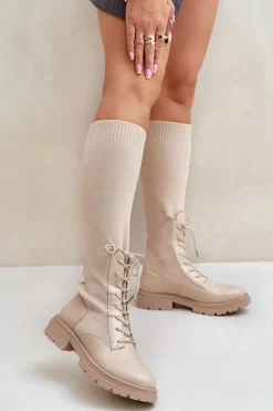 Boto Wsuwane Kozaki Ze Skarpetkową Cholewką Beżowe Iranel Beżowy