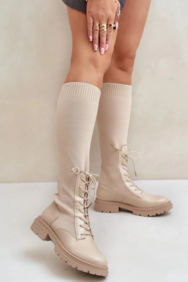 Boto Wsuwane Kozaki Ze Skarpetkową Cholewką Beżowe Iranel Beżowy