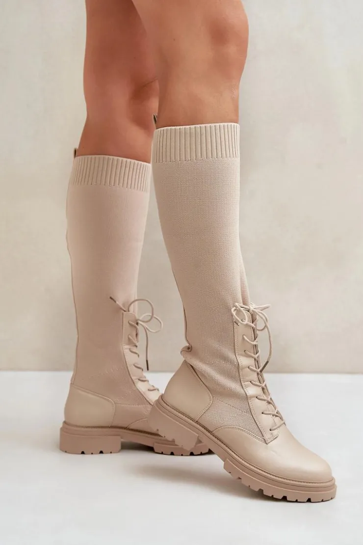 Boto Wsuwane Kozaki Ze Skarpetkową Cholewką Beżowe Iranel Beżowy