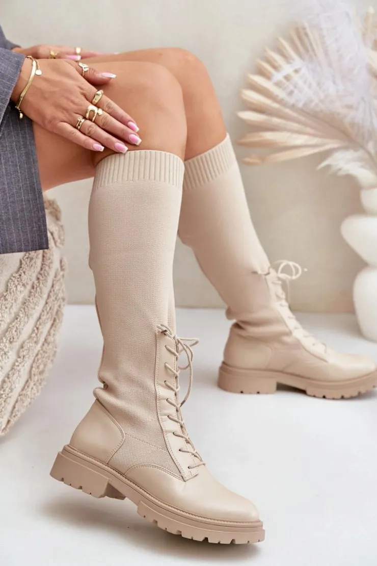 Boto Wsuwane Kozaki Ze Skarpetkową Cholewką Beżowe Iranel Beżowy