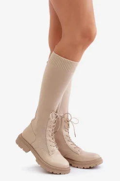Boto Wsuwane Kozaki Ze Skarpetkową Cholewką Beżowe Iranel Beżowy