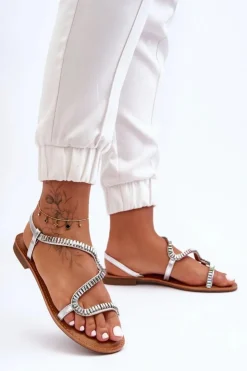 Boto Sandały Płaskie*Wsuwane Sandały Damskie Z Ozdobami Srebrne Hayen