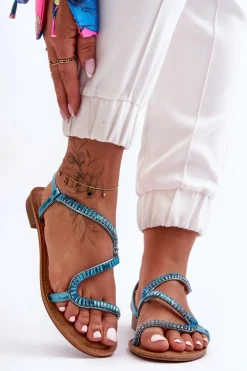 Boto Sandały Płaskie*Wsuwane Sandały Damskie Z Ozdobami e Hayen Niebieski