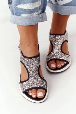 Damskie Damskie buty S.Barski Wsuwane Sandały Na Koturnie Srebrne Z Brokatem Zoey