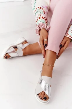 New Buty Sergio Leone Wsuwane Sandały Na Platformie Sergio Leone SK029 Biało-Srebrne