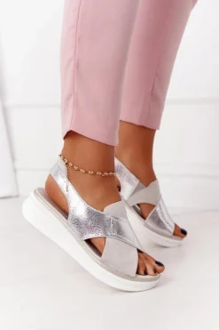 New Buty Sergio Leone Wsuwane Sandały Na Platformie Sergio Leone SK029 Biało-Srebrne