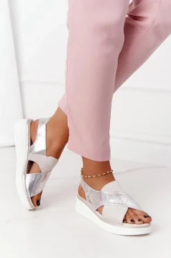 New Buty Sergio Leone Wsuwane Sandały Na Platformie Sergio Leone SK029 Biało-Srebrne