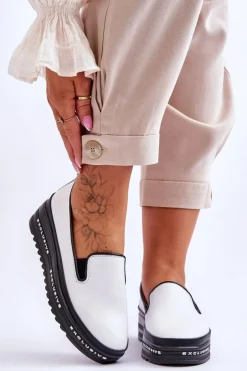 Damskie buty S.Barski Trampki Damskie Slip-On|Trampki Damskie Niskie*Wsuwane Skórzane Trampki Na Platformie Białe Madeline