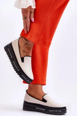 Damskie buty S.Barski Trampki Damskie Slip-On|Trampki Damskie Niskie*Wsuwane Skórzane Trampki Na Platformie Beżowe Madeline