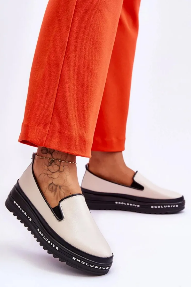 Damskie buty S.Barski Trampki Damskie Slip-On|Trampki Damskie Niskie*Wsuwane Skórzane Trampki Na Platformie Beżowe Madeline