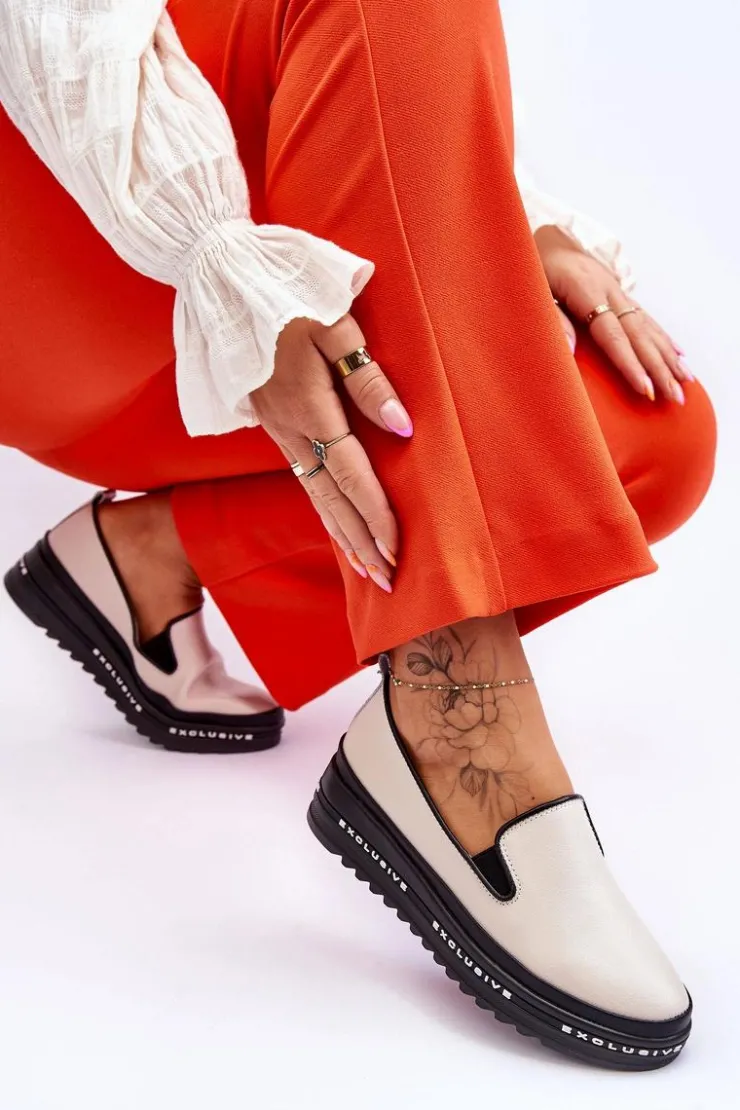 Damskie buty S.Barski Trampki Damskie Slip-On|Trampki Damskie Niskie*Wsuwane Skórzane Trampki Na Platformie Beżowe Madeline