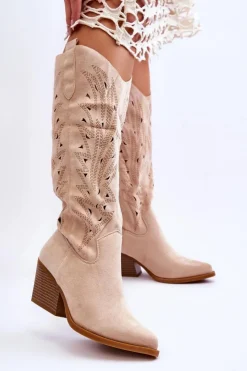 Boto Kozaki Ażurowe|Kozaki Przed Kolano*Wsuwane Zamszowe Ażurowe Kozaki Beżowe Elavi