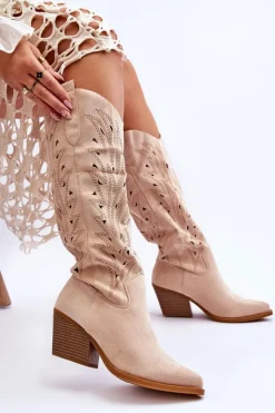 Boto Kozaki Ażurowe|Kozaki Przed Kolano*Wsuwane Zamszowe Ażurowe Kozaki Beżowe Elavi