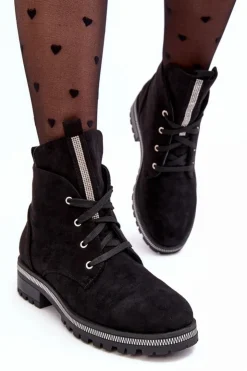 Damskie Boto Wsuwane Zamszowe Botki Damskie Ze Zdobieniem Czarne Plesca