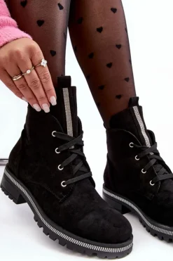 Damskie Boto Wsuwane Zamszowe Botki Damskie Ze Zdobieniem Czarne Plesca
