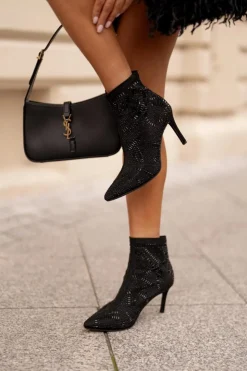 Damskie Boto Wsuwane Zdobione Botki Na Szpilce S.Barski HY42-161 Czarne