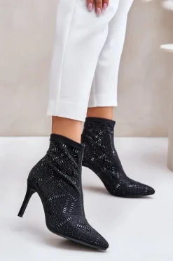 Damskie Boto Wsuwane Zdobione Botki Na Szpilce S.Barski HY42-161 Czarne