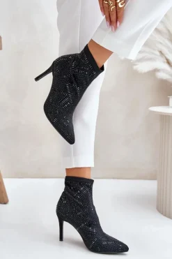 Damskie Boto Wsuwane Zdobione Botki Na Szpilce S.Barski HY42-161 Czarne