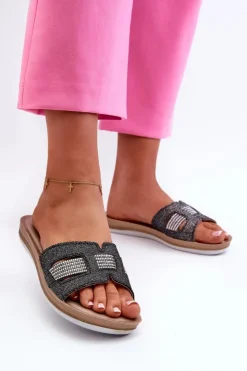 Damskie INBLU Wygodne Błyszczące Klapki Damskie BA000050 Czarne