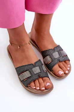 Damskie INBLU Wygodne Błyszczące Klapki Damskie BA000050 Czarne