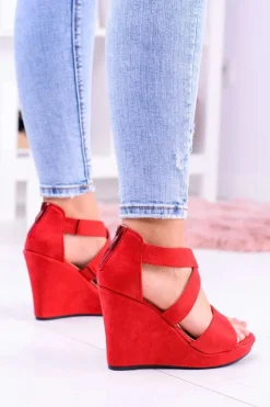 Damskie Boto Wygodne Damskie Czerwone Sandały Koturny Mirabet