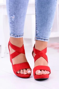 Damskie Boto Wygodne Damskie Czerwone Sandały Koturny Mirabet