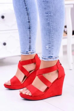 Damskie Boto Wygodne Damskie Czerwone Sandały Koturny Mirabet