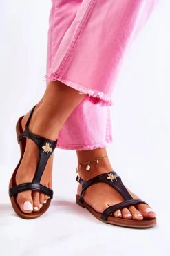 Hot Damskie buty S.Barski Wygodne Damskie Sandały Z Ozdobą Czarne Sabrine