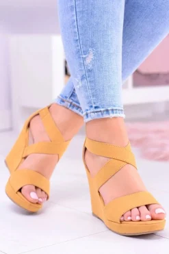 Damskie Boto Wygodne Damskie Żółte Sandały Koturny Mirabet