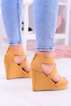 Damskie Boto Wygodne Damskie Żółte Sandały Koturny Mirabet