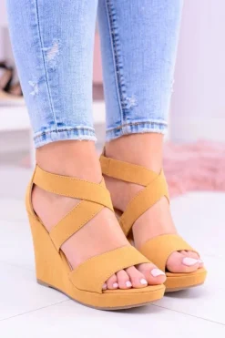 Damskie Boto Wygodne Damskie Żółte Sandały Koturny Mirabet