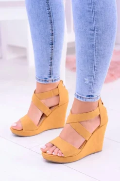 Damskie Boto Wygodne Damskie Żółte Sandały Koturny Mirabet