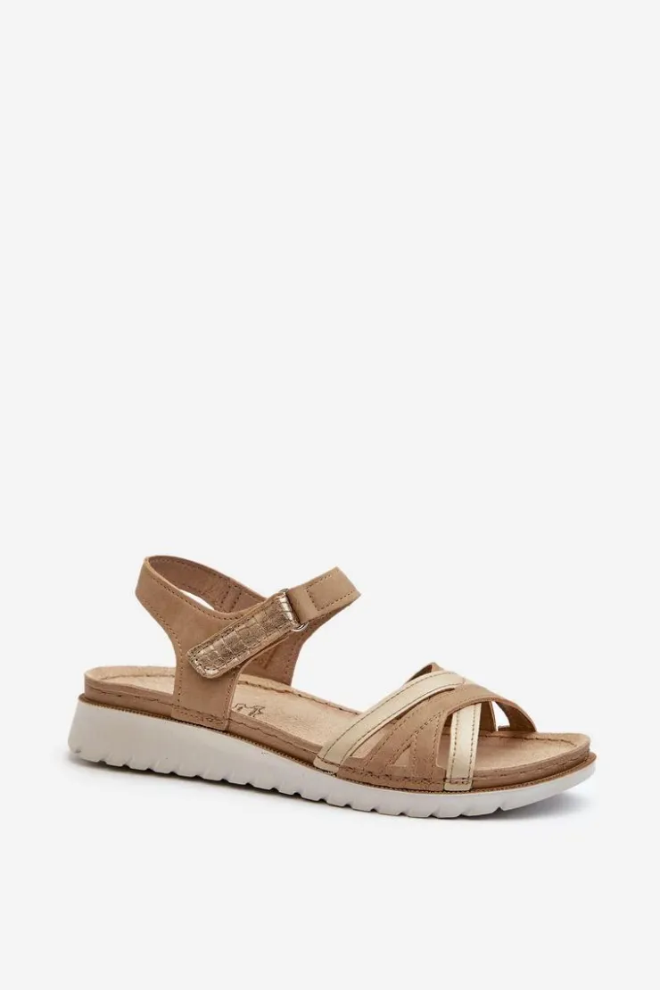 INBLU Sandały Na Koturnie|Sandały Płaskie*Wygodne I Lekkie Sandały Damskie Na Rzep CN000041 Beżowo-Złote