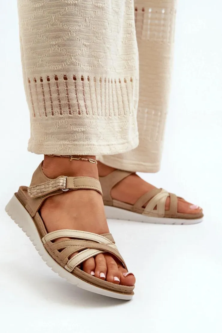 INBLU Sandały Na Koturnie|Sandały Płaskie*Wygodne I Lekkie Sandały Damskie Na Rzep CN000041 Beżowo-Złote