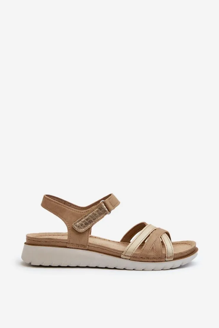 INBLU Sandały Na Koturnie|Sandały Płaskie*Wygodne I Lekkie Sandały Damskie Na Rzep CN000041 Beżowo-Złote