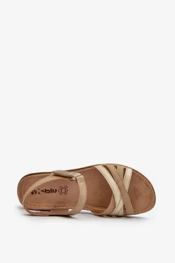 INBLU Sandały Na Koturnie|Sandały Płaskie*Wygodne I Lekkie Sandały Damskie Na Rzep CN000041 Beżowo-Złote