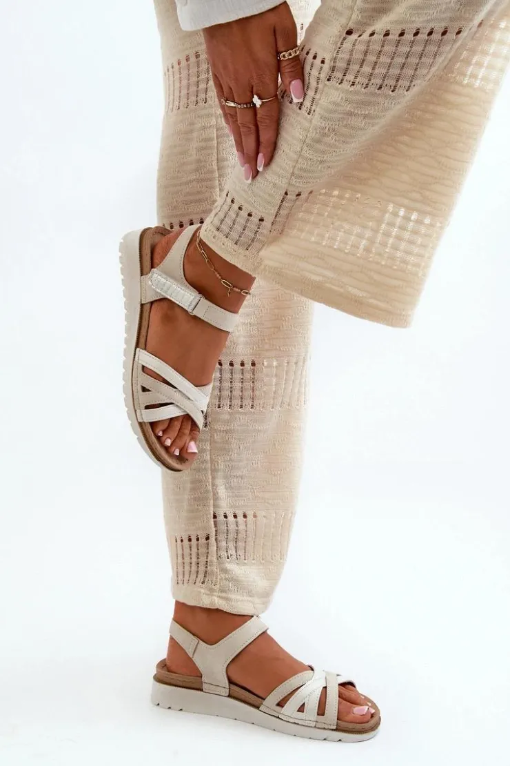 Damskie INBLU Wygodne I Lekkie Sandały Damskie Na Rzep CN000041 Beżowo-Srebrne