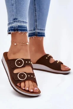 Online INBLU Wygodne Klapki Damskie CP000054 Brązowe Brązowy