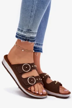 Online INBLU Wygodne Klapki Damskie CP000054 Brązowe Brązowy