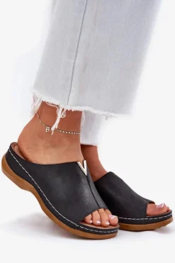 Damskie Evento Wygodne Klapki Damskie Na Koturnie Czarne Claribelle