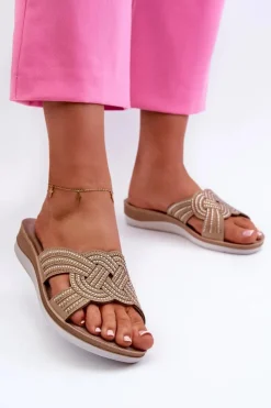 INBLU Klapki Damskie Klasyczne*Wygodne Klapki Damskie Z Cyrkoniami BV000037 Beżowe Beżowy