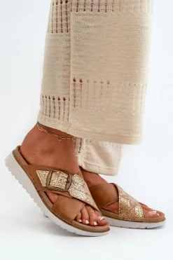 Outlet INBLU Wygodne Klapki Damskie Z Klamrą CN000032 Camel