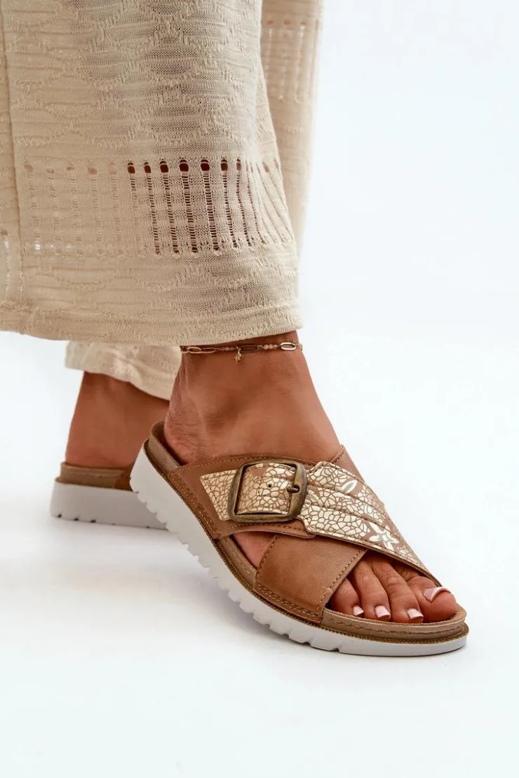 Outlet INBLU Wygodne Klapki Damskie Z Klamrą CN000032 Camel